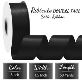 Ribtcute Black Satin Ribbon 1-1/2 Inch x 50 Yards Double Faced Silk Satin Ribbon for Gift Wrapping Flower Bouquet Wreaths Cutting Wedding Ceremony Kit Decoration