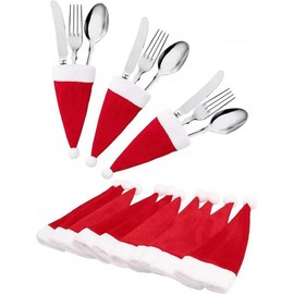 Galyacht 10pcs Red Christmas Santa Hats Silverware Holders,Xmas Party Dinner Table Dinnerware Decorations,Mini Santa Hats for Silverware Holders, Candy Covers, Wine Bottle Decor Flatware Organizers