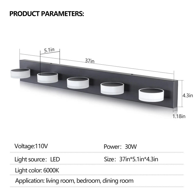 Modern 5-Light LED Vanity Light Fixture 37 Inch Black Aluminum