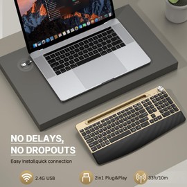 GAMCATZ Ergonomic Wireless Keyboard and Mouse with Wrist Rest，Phone Holder - 2.4GHz Full-Sized Low-Profile Quiet Gold Mouse and Keyboard Combo for Computer, Laptop, PC, Mac-Gold Black