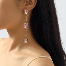 Rrdaily Colourful Crystal Earringsfor Women,Long Fringe Chandelier Statement Earrings Simple Geometric Rhinestones Earrings Vintage Boho Shiny Stud Earrings Wedding Jewelry Gifts (Pink)