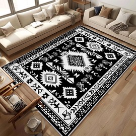 Aztec Living Room Rug 6x9 Black and White Western Geometric Area Rugs, Machine Washable Boho Rug for Bedroom, Low Pile Soft Large Carpet for Dining Room Office Non Slip