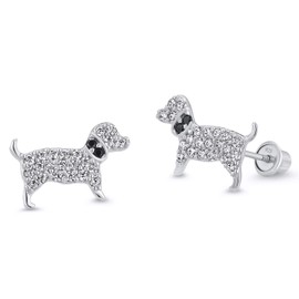 925 Sterling Silver Rhodium Plated Puppy Dog Cubic Zirconia Screwback Baby Girls Earrings