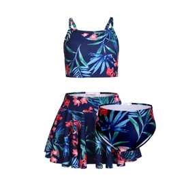 Arshiner Girls' Hawaiian Bathing Suits Tankini Skirt Set Kids Swimming Clothes Floral Swimsuits Size 10/12 Navy Blue
