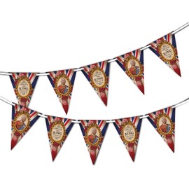 Long Live the King Vintage Text and Picture Mix Union Jack Set of 15 Triangle Bunting - His Majesty the King's Royal Ascent Coronation 6th of May Celebration Wall or Window Decoration