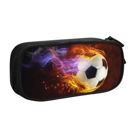 YIJIUWKIS Kids Boys Pencil Case Large Capacity Pencil Box Storage Pen Bag with Zippers, Sports Black Pencil Pouch Stationery Case with Fire Soccer Printed for Office School