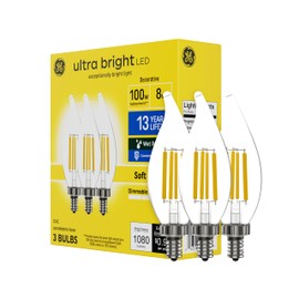 GE Ultra Bright LED Light Bulbs, 100W, Soft White Candle Lights, Clear Decorative CA12 Light Bulbs, Candelabara Base (3 Pack)