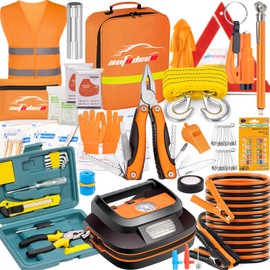 AUTODECO 131 Pieces Car Emergency Safety Kit Bag with Air Compressor Jumper Cable Tire Pressure Gauge Roadside Emergency Car Kit for Vehicles