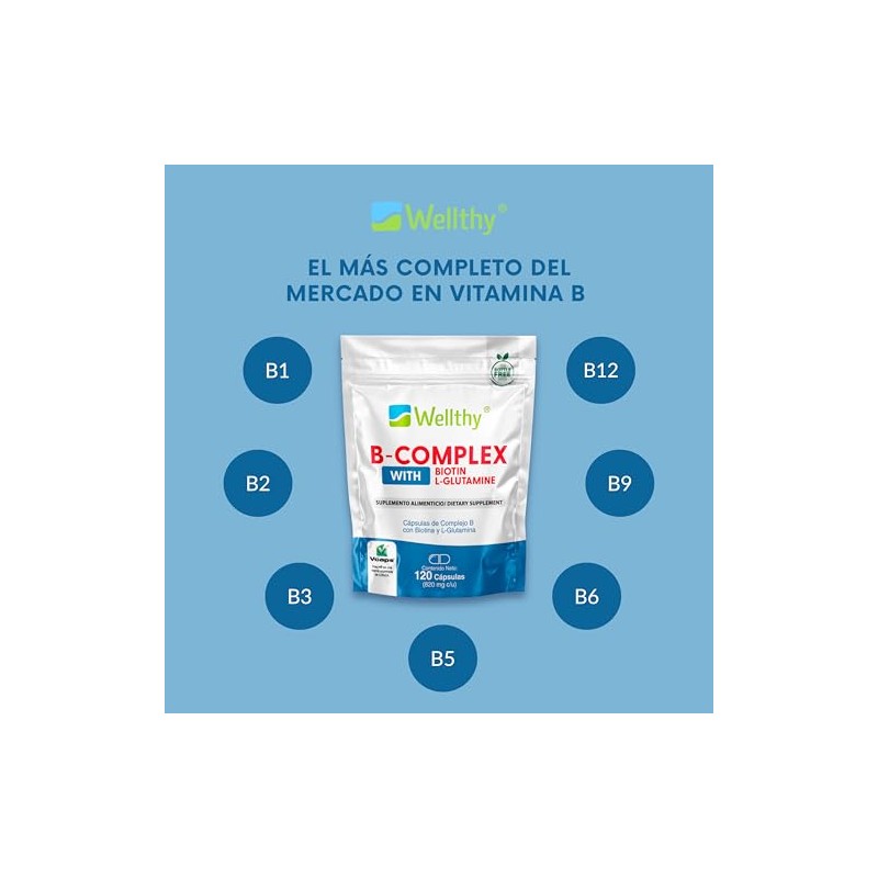 Wellthy Complejo B 200 Cápsulas. Reforzado con Biotina y Glutamina.