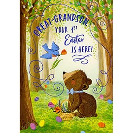 Designer Greetings Small Bear and Blue Bird Collecting Flowers in Basket 1st : First Easter Card for Great-Grandson