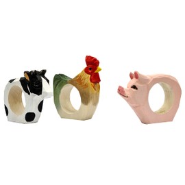 your castle Napkin Rings, Hand Carved, Animal Design - Cow, Cockerel, Pig, Set of 3, Made of Wood, Handpainted, Versatile, with Stable Base, 9 x 7 x 2 cm