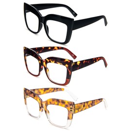 REAVEE 3 Pack Oversized Reading Glasses for Women Thick Large Frame Blue Light Blocking Stylish Computer Readers Spring Hinge,Black Leopard Tortoise 2.25