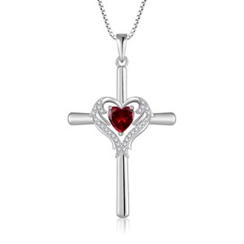 Oskani Cross Necklace for Women 925 Sterling Silver Heart Birthstone Angel Wing Cross Pendant Necklace Faith Dainty Jewelry Birthday for Wife Her, Sterling Silver, Cubic Zirconia