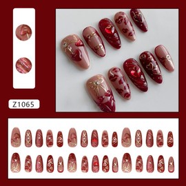 Red Press on Nails Medium Almond False Nails with 5D Gold Bow Love Charm Design Silver Glitter Fake Nails Pearl Bow Glue on Nail Glossy Red Lips Stick on Nail for Women Girls Manicure 24Pcs
