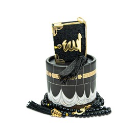 ihvan online Islamic Prayer Cylinder Gift Box with Elegant Velvet Covered Mini Quran & Prayer Beads Tesbih, Ramadan & Eid Gift, Black