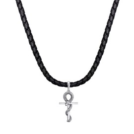 Kuzzoi Exclusive 0111642718 Men's Leather Necklace with Cross Snake Pendant Made of Solid 925 Sterling Silver Braided Cowhide Leather Black Length 50 cm - 55 cm Width 5.5 mm, Leather