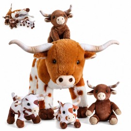 Jenaai 5 Pcs Longhorn Cow Stuffed Animal Set, 14 Inch Texas Longhorn Mommy Plush with 4 Baby in Zipper Belly, Farm Animal Plush Toys for Kids Birthday Gifts Western Nursery Decor (Standing Style)