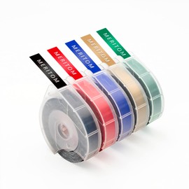 Meritom 9mm Compatible for Dymo Omega Label Tape for Dymo 3D Embossing Tape S0898130 for Embossing Label Maker Omega S0717930 Omega Junior Motex E-101 E-202, White on Black/Blue/Red/Gold/Green,5 Pack