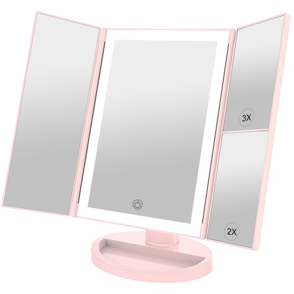 WEILY Makeup Vanity Mirror with 3x/2x Magnification,Trifold Mirror with 36 Led Lights,Touch Screen,180 Degree Adjustable Rotation,Dual Power Supply,Countertop Cosmetic Mirror (Pink)
