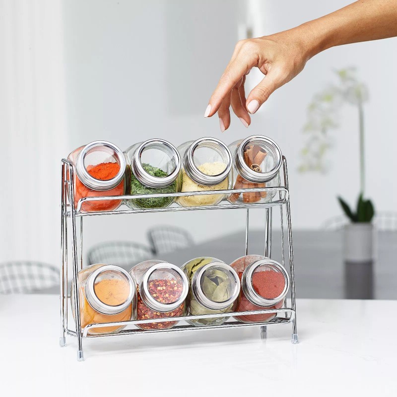 Euro-Home 9-Piece Glass Spice Jar Set with 2-Tier Chrome Rack,