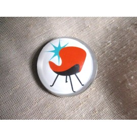 GLASS DOME PICT BUTTON -"VTG" MID-CENTURY RETRO ORANGE CHAIR TURQUOISE STARBURST