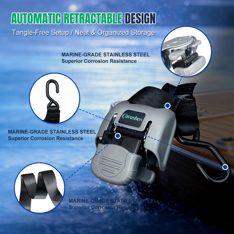 Stainless Steel Retractable Boat Transom Tie Down Straps - 2