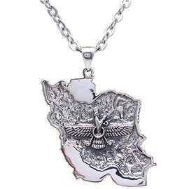 Asoodehdelan Large Sterling Silver 925 Iran Map Flag Farvahar Necklace Iranian Art Persian Gift (18" Silver Pt Chain)