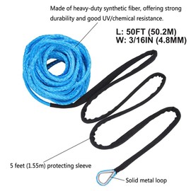 3/16" 50FT 7000Lbs Synthetic Winch Rope, KMFCDAE Universal Heavy Duty Winch Cable Towing Rope with Eye Guard, Sheath, Protective Sleeve, for ATV UTV (Grey)