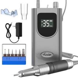 Kredioo Nail Drill Machine for Acrylic Nails, 35000RPM Professional Portable Electric Nail Drill File, E-file Nail Drill Set for Salon Home Use-Grey
