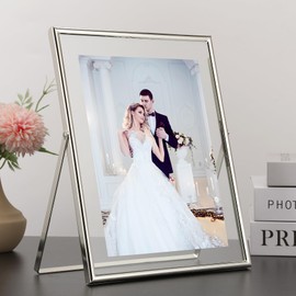 Silver Floating Frame 7x5" Set of 2 for picture 3.5x5'', 4x6'', Beautiful Metal rounded Edge Frames Adjustable Tabletop/Shelf Photo Frame, Classy Gift Choice for Wedding, Christmas,Birthady, Home or Office Decor