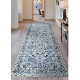 Bloom Rugs Caria Washable Non-Slip 7 ft Runner - Blue Traditional Runner for Entryway, Hallway, Bathroom, and Kitchen - Exact Size: 2'6" x 7'