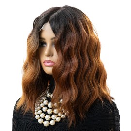 Short Wavy Wig for Women Lace Hairline Bob Style Curly Wigs Brown Highlight Short Wig Synthetic Synthetic Lace Front Reddish Brown 14 Inch Bob Wavy Wigs for Black Women(Reddish Brown, 14 Inch)