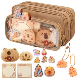 Capybara Pencil Case, Lovely Detachable Clear Pencil Case, Large Capacity Multi-Layer Zipper Pouch, Kawaii Capybara Brooch, Stickers, Pendant, School Supplies