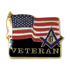 Veteran Square & Compass American Flag Masonic Lapel Pin - [Gold & Black][5/8'' Wide]