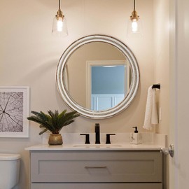 Udorich Wood Round Decorative Mirror, Rustic Circle Wall Decor, 23.62 Inch, Antique Natural Finish