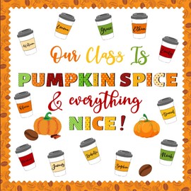 Fall Coffee Cup Bulletin Board Set – “We are Pumpkin Spice and Everything Nice” Pumpkin & Coffee Cutouts for Autumn Classroom Décor, Thanksgiving, Halloween and Fall Bulletin Board Display