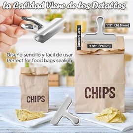 12PCS Clips de Bolsa de Acero Inoxidable, Clips para Bolsa, Clips de Alimentos de 3'' de Ancho, Clips de Sellado para Bolsas de Bordes Lisos para Hogar, Cocina y Oficina