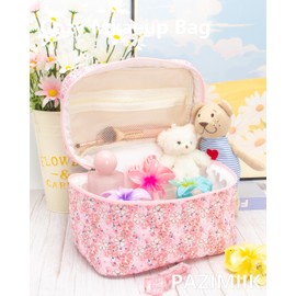 PAZIMIIK Quilted Makeup Bag Large Travel Zipper Soft Cosmetic Case for Women Girls Make Up,Pink Flower