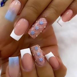 Square Press on Nails Medium Fake Nails with Blue Flower Pearl Designs White French Tip Nails Press ons Spring Summer Acrylic Nails Gradient False Nails Nude Stick on Nails for Women 24Pcs