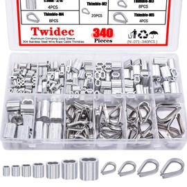 Twidec/340PCS 304 Stainless Steel Wire Rope Cable Thimbles and Aluminum Crimping Loop Sleeve 3/64"-3/16" for Wire Rope Cable Thimbles Rigging Assortment Kit N-071-340PCS