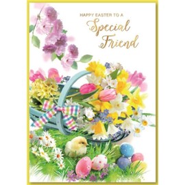 Friend Easter Card - Spring Flower Basket with Chick Eggs and Gold Foil 7x 5"