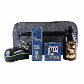 HEY JOE! Bearded Survival Kit Deluxe Nº 3 Acid Melon | Bartpflege Set für Männer Hochwertig [ Bartöl + Bart Balsam + Bartshampoo + Bartbürste ] - Geschenk Kulturbeutel Inklusive