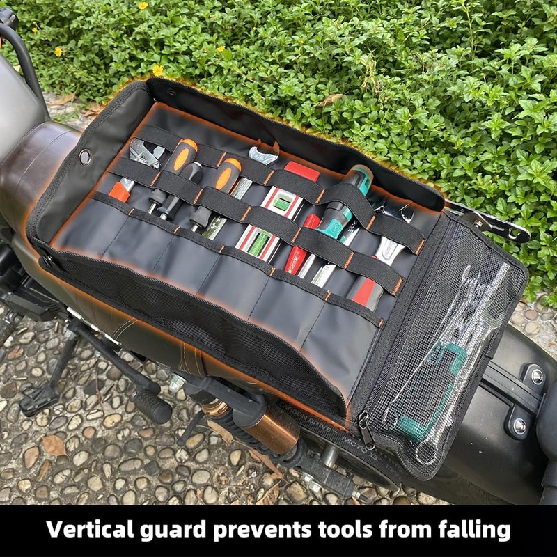 Tool Roll Organizer with Stand-up Baffle,1680D PVC Motorcycle Tool Roll