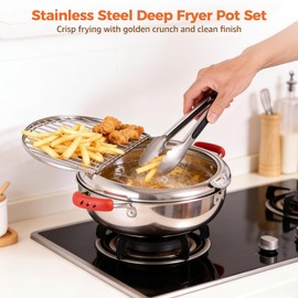 Deep Fryer Pot with Tongs, Stainless Steel Japanese Fryer with Temperature Control and Oil Drip Drainer Rack, Japanese Tempura Pot Set for French Fries Chicken Japanese Tempura (9.8 Inch)