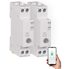 MOES WiFi Smart Relay Circuit Breaker DIN Rail - V0 Fireproof, Energy Monitoring, Remote/Timer/Voice Control via Tuya Smart App, Compatible with Alexa & Google Home (1-63A Adjustable) - 2 Pack