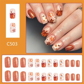 Fall Press on Nails Short Square Fake Nails Orange Glitter Full Cover Glue on Nails Thanksgiving Nails Maple Leaf Pumpkins Cute Ghost False Nails Glossy Artificial Stick on Nails for Women DIY
