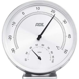 ADE WS 1813 Analogue Thermo-Hygrometer Mechanical Thermometer with Hygrometer Stainless Steel with Glass Cover 11.5 cm Diameter Silver
