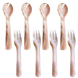 i-lan 8 Pack Pink Mother of Pearl Spoon Fork with Natural Patten,5 Inch Stunning MOP Caviar Spoon with Beautiful Shine, Finely Handmade Decorative Spoon Serving Set for Egg,Icecream,Desert,Moisturizer