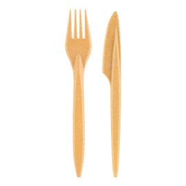RAGO® Reusable Cutlery Set 100 Pieces Premium Environmentally Friendly Camping Cutlery Made of WPC - Alternative to Plastic Cutlery Reusable I Robust Travel Cutlery - Light Brown - 50 Forks / 50