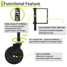 4 Inch Heavy Duty Fence Gate Wheel for Metal Tube, Adjustable Spring Loaded Caster Wheel with 360° Swivel, Black Rubber Gate Wheel with Metal Break, 2 Pack